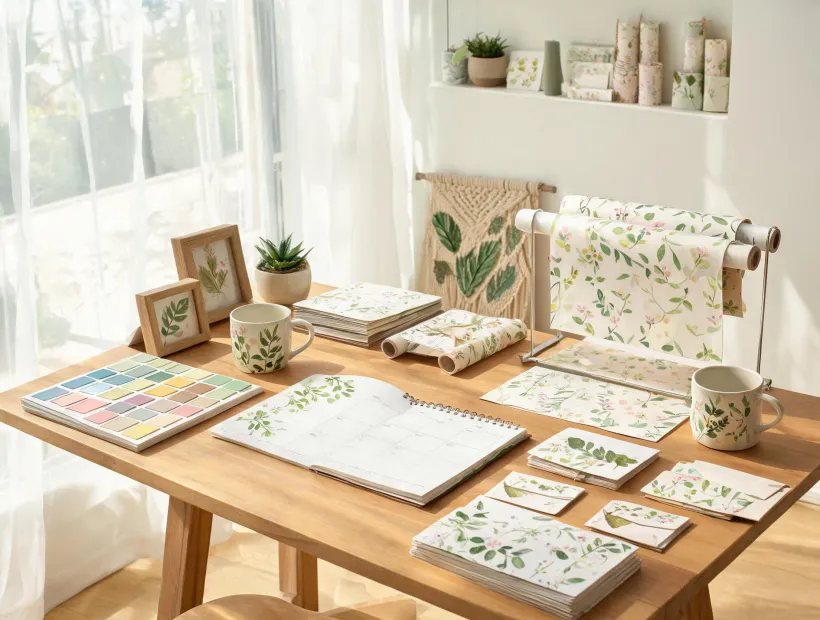 Illustration studio with stationery samples and color boards
