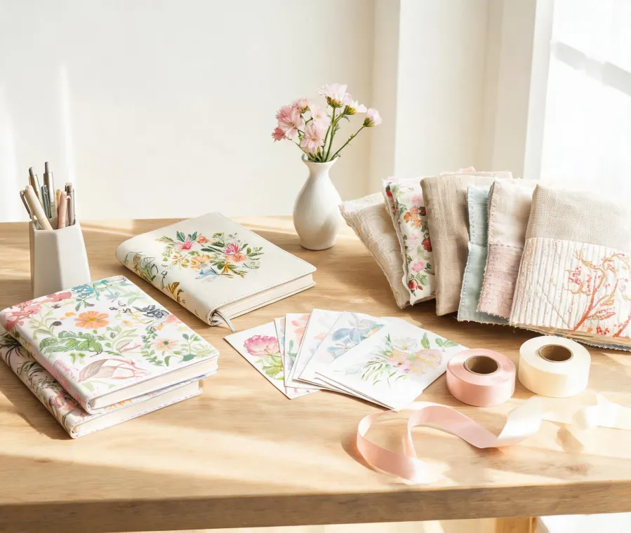 Planner, journal, card, and vase styling table