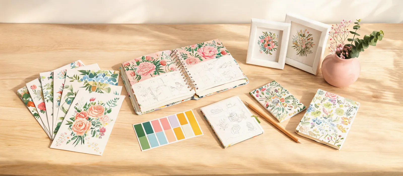 Gift planning table with stationery and decor